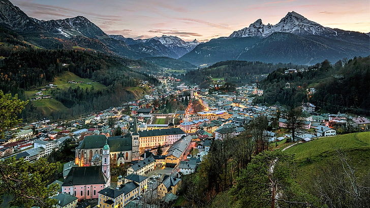 도시, berchtesgaden, 독일, 유럽, 바이에른, 자연, 산, 하늘, 바이에른 알프스, 알프스 산맥, 나무, 관광 명소, 언덕 역, HD 배경 화면