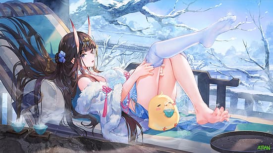  anime, anime girls, Azur Lane, Atdan, manjuu, horns, Noshiro (Azur Lane), feet, HD wallpaper HD wallpaper