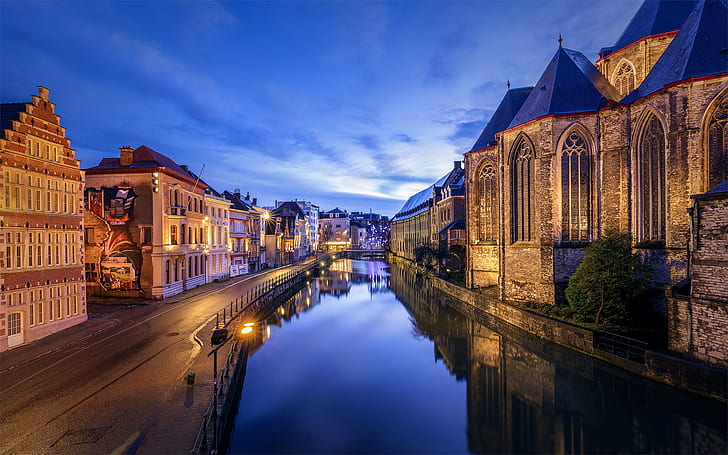 the evening, channel, Belgium, Ghent, HD wallpaper