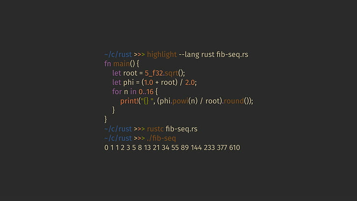 Код, последовательность Фибоначчи, программирование, Rust, подсветка синтаксиса, HD обои