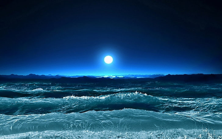 مياه الجسم الزرقاء ، العاصفة ، الأمواج ، البحر ، القمر ، الليل ، الفن، خلفية HD