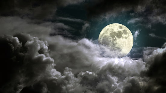 Nature, Full Moon, Dark, Moonlight, Sky, Clouds, nature, full moon, dark, moonlight, sky, clouds, HD wallpaper HD wallpaper