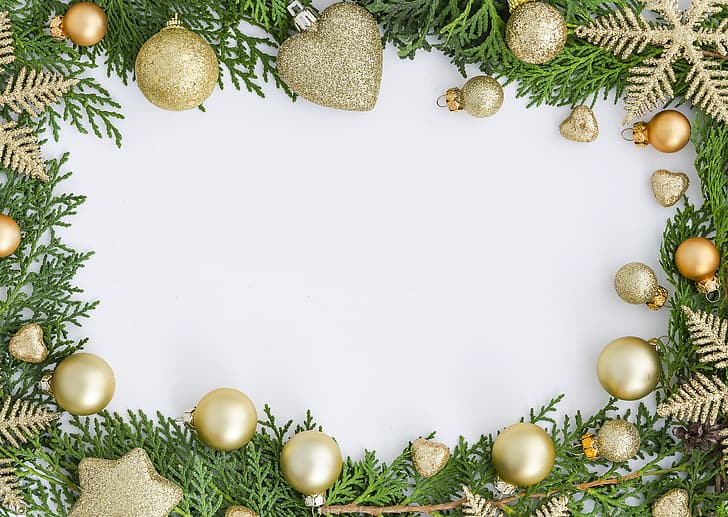 decoração, bolas, Ano Novo, Natal, dourado, coração, Feliz, árvore do abeto, galhos de árvore do abeto, HD papel de parede