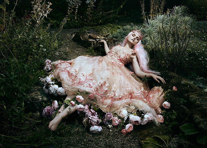 girl, flowers, pose, style, mood, sleep, dress, sleeping, Bella Kotak, Jodi Lakin, HD wallpaper