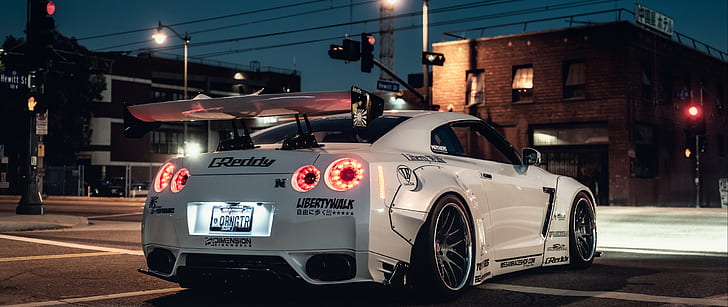 white sports car, ultra-wide, car, Nissan Skyline GT-R, HD wallpaper