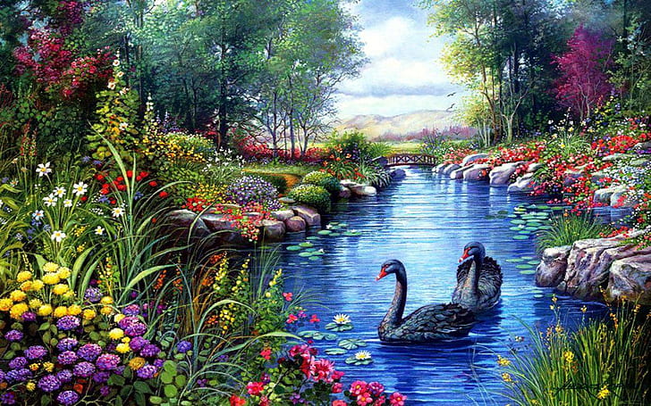 Black Swans Trees River Flowers Painting Hd Wallpaper, HD wallpaper