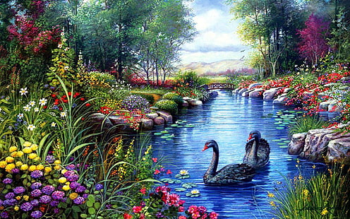 Black Swans Trees River Flowers Painting Hd Wallpaper, HD tapet HD wallpaper