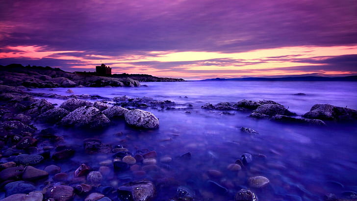Purple Beach Sunset, playa, piedras, puesta de sol, nubes, naturaleza y paisajes, Fondo de pantalla HD