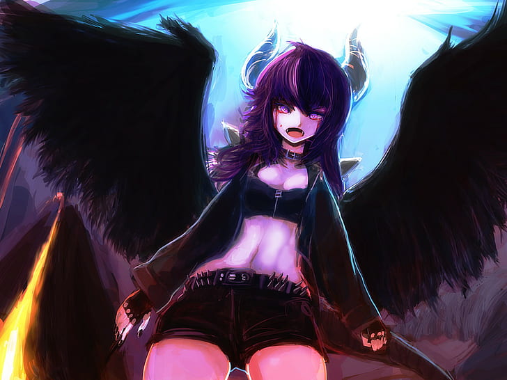 sudut, iblis, gadis anime, tanduk, sayap, mulut terbuka, Wallpaper HD