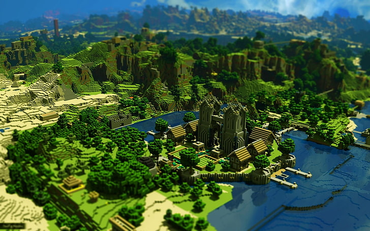 game application screenshot, minecraft, trees, houses, mountains, water, HD wallpaper