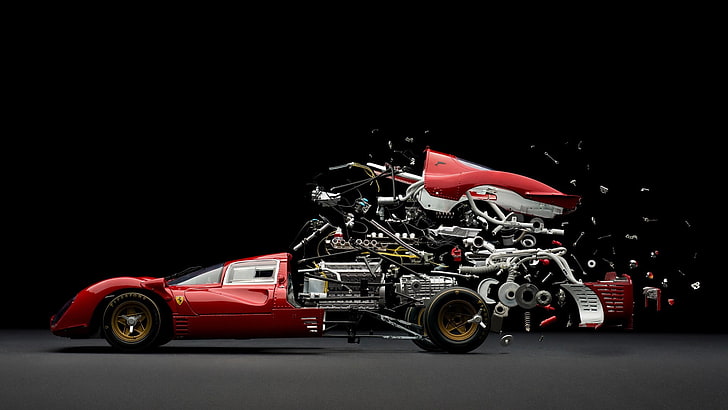 красный автомобиль, спортивный автомобиль, Ferrari, фото манипуляции, двигатели, шестерни, моторы, колеса, трубы, тормоз, черный фон, аннотация, автомобиль, запчасти, механика, диаграмма в разобранном виде, композит, HD обои