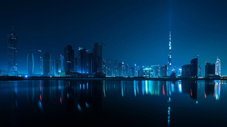 Dubai, night, reflection, HD wallpaper