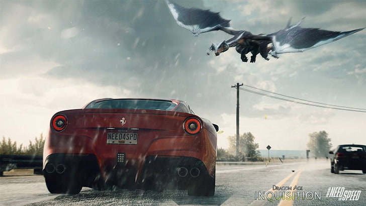 Fondo de pantalla de Need for Speed ​​3D, Need for Speed: Rivals, Dragon Age Inquisition, crossover, videojuegos, dragon, car, Fondo de pantalla HD