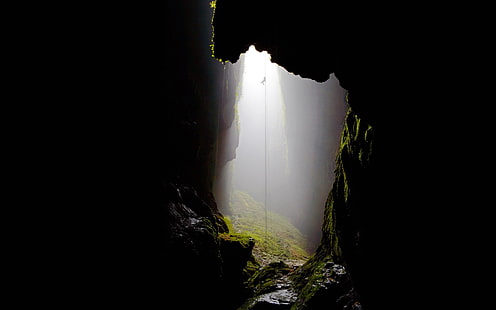 зеленая пещера, пещера, лазание, природа, HD обои HD wallpaper