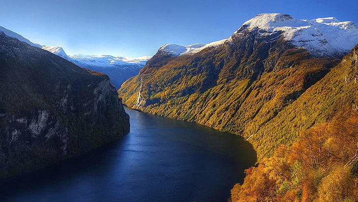 geirangerfjord, geiranger, norway, mountain top, snow-covered, europe, fjord, HD wallpaper