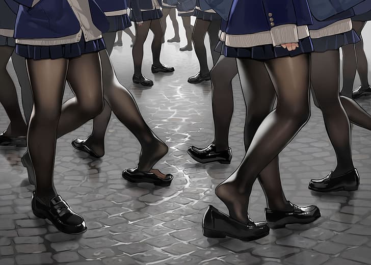 yomu, anime, chicas anime, piernas, pies, falda, Fondo de pantalla HD