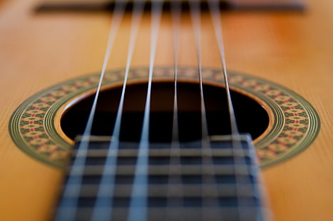 Macro Shot photography of acoustic guitar strings, Macro Shot, photography, strings, Instrument, Six String  Guitar, Music, Bokeh, guitar, musical Instrument, acoustic Guitar, musical Instrument String, wood - Material, sound, close-up, playing, fretboard, HD wallpaper HD wallpaper