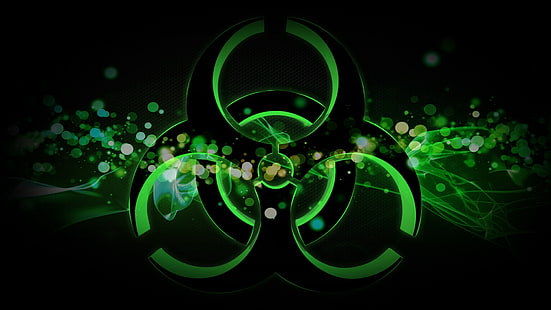 logotipo de riesgo biológico verde y negro, radiación, señal, punto, Fondo de pantalla HD HD wallpaper