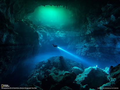 Mergulho em caverna em Tulum México-2013 National Geograph .., pessoa debaixo d'água, HD papel de parede HD wallpaper
