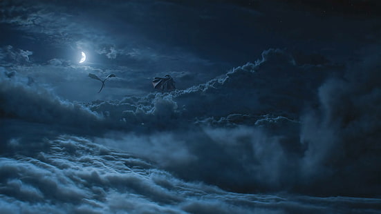 Игра престолов, Песнь льда и огня, фэнтези-арт, дракон, облака, луна, HD обои HD wallpaper