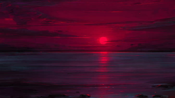 artwork, landscape, sunset, Sun, sea, painting, HD wallpaper
