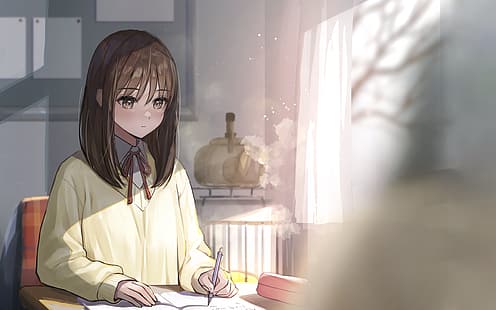dziewczyny z anime, szkoła, pisanie, grzywka, Tapety HD HD wallpaper