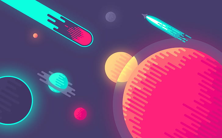 grafika sztuka cyfrowa planeta przestrzeń kometa kolorowy statek kosmiczny minimalizm sztuka komiksowa rakiety, Tapety HD