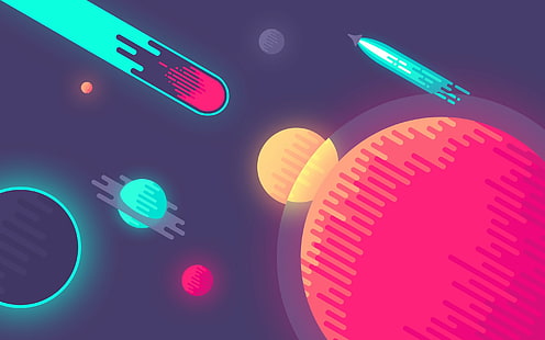 œuvres d'art art numérique planète espace comète coloré vaisseau spatial minimalisme espace art bande dessinée art fusées, Fond d'écran HD HD wallpaper