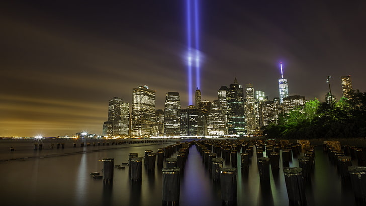почит в светлина, 911, мемориални светлини, кули близнаци, Ню Йорк, Световен търговски център, възпоменание, Манхатън, Долен Манхатън, Ню Йорк, САЩ, САЩ, Сити светлини, Градски пейзаж, HD тапет