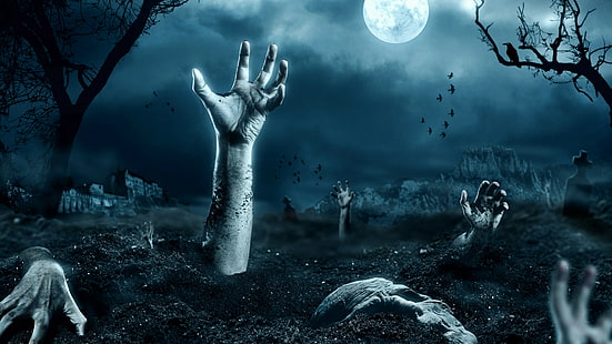 creepy, moonlight, night, sky, darkness, cemetery, zombie, tree, phenomenon, hands, hand, horror, fearful, midnight, dreadful, HD wallpaper HD wallpaper