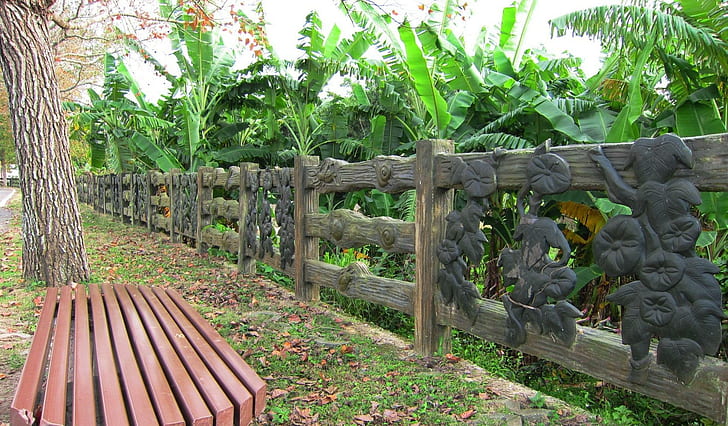 Roadside, wooden chair, roadside, fallen leaves, wooden railing, banana plantations, nature and landscapes, HD wallpaper