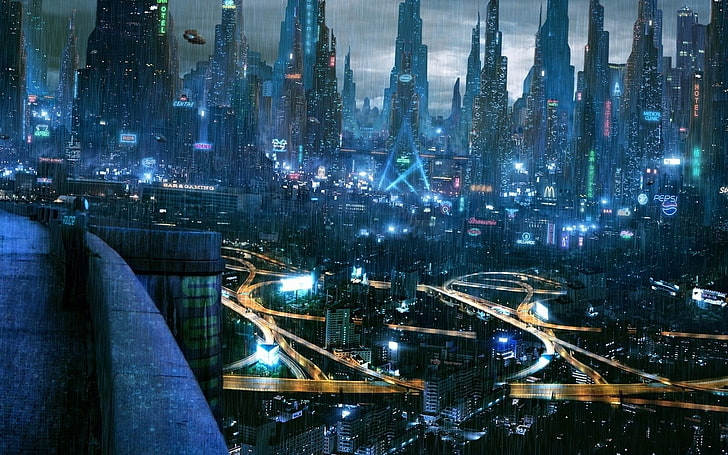 grattacieli, cyberpunk, paesaggio urbano, città futuristica, fantascienza, arte digitale, Sfondo HD