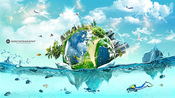 verde, branco e cinza ilustração 3D da terra, desktopografia, natureza, paisagem, mundo, arte digital, terra, mergulhadores, iceberg, peixe, vista dividida, HD papel de parede