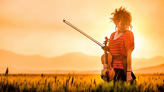 Линдси Стирлинг, женщины, скрипка, музыкант, женщины на улице, поле, знаменитости, музыка, музыкальный инструмент, HD обои HD wallpaper