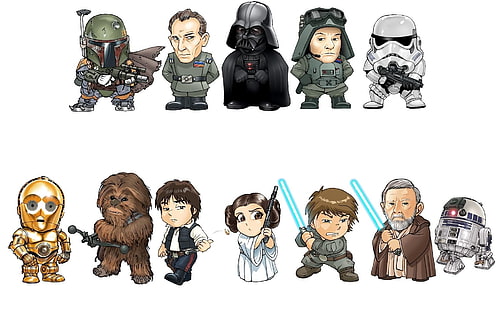 Star Wars karaktärer, Star Wars, Boba Fett, C-3PO, Cartoon, Chewbacca, Darth Vader, Han Solo, Obi-Wan Kenobi, Princess Leia, R2-D2, Stormtrooper, HD tapet HD wallpaper