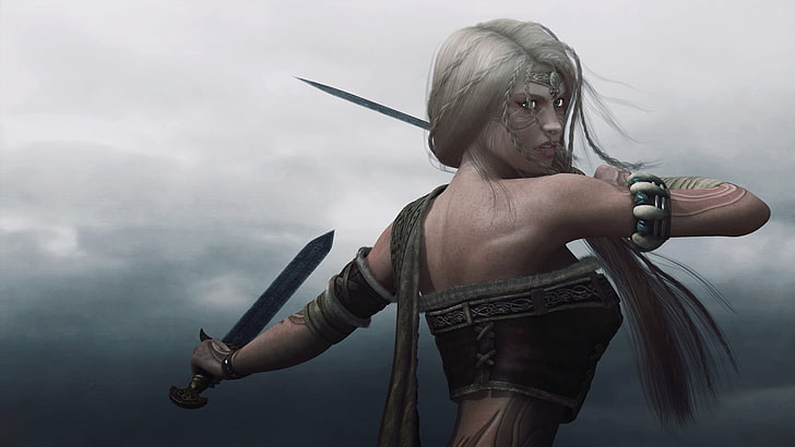 weibliche Figur mit Schwertern digitale Tapete, Fantasy-Kunst, HD-Hintergrundbild