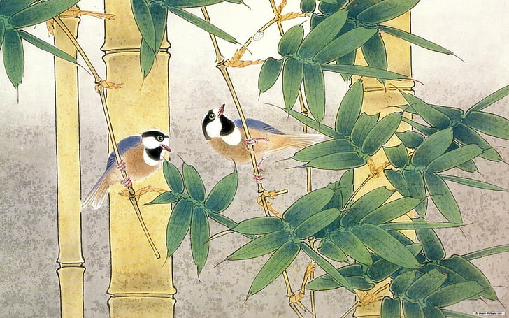 green bamboo tree and two birds painting, birds, bamboo, nature, HD wallpaper