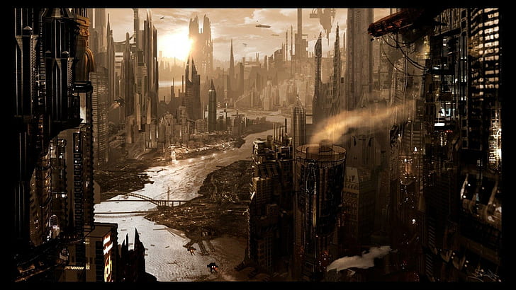 Miasto w ruinach, ilustracja miasta zaawansowanej technologii, fantasy, 1920 x 1080, miasto, przyszłość, ruina, Tapety HD