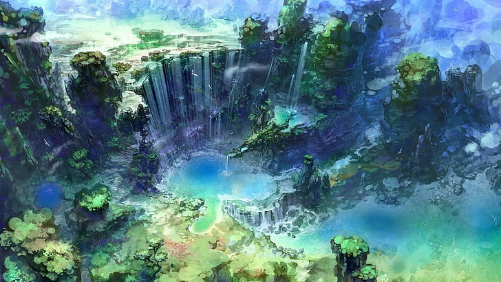 peinture aérienne de falaises et plan d'eau, oeuvre d'art, art fantastique, cascade, eau, nature, Fond d'écran HD