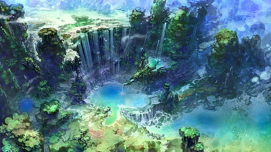 pintura aérea de falésias e corpo de água, obra de arte, arte de fantasia, cachoeira, água, natureza, HD papel de parede HD wallpaper
