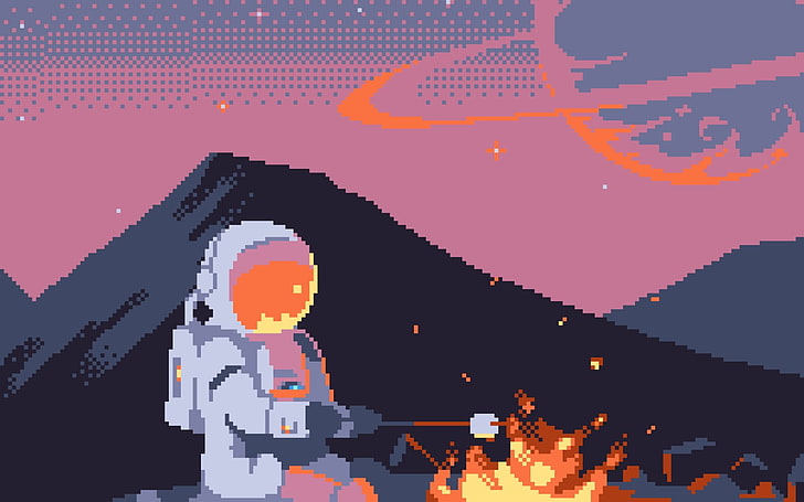 astronauta grelhando marshmallow artwork, pixelizada, pixel art, pixels, espaço, astronauta, traje espacial, capacete, fogo, colinas, planeta, fogueira, estrelas, universo, HD papel de parede