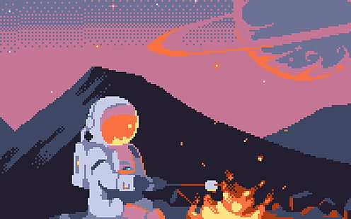 astronauta grelhando marshmallow artwork, pixelizada, pixel art, pixels, espaço, astronauta, traje espacial, capacete, fogo, colinas, planeta, fogueira, estrelas, universo, HD papel de parede HD wallpaper