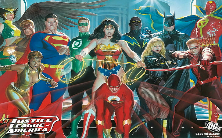 Комикси, Лига на справедливостта на Америка, Батман, Черен канарче, Флаш, Зелен фенер, Ястреб, Червена стрела, Супермен, Чудо-жена, HD тапет