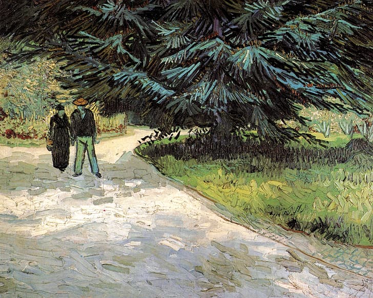 Vincent van Gogh, Taman Penyair III, Pohon Cemara, Pasangan dan Biru, Taman Umum dengan, Wallpaper HD