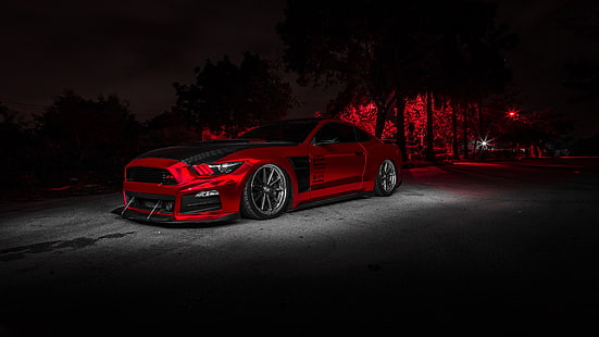 赤い車、車、デザイン、フォードマスタング、自動車デザイン、車両、スポーツカー、フォード、マスタング、暗闇、 HDデスクトップの壁紙 HD wallpaper