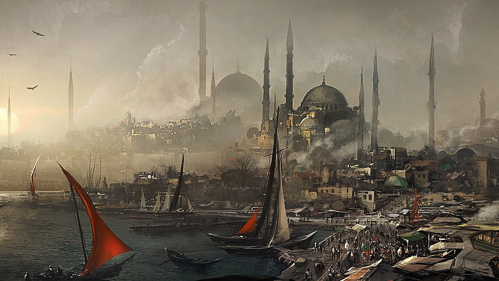 velero en blanco y negro en el cuerpo de agua cerca de la pintura del castillo, ciudad, obras de arte, Estambul, Turquía, arte de fantasía, Assassin's Creed, Fondo de pantalla HD