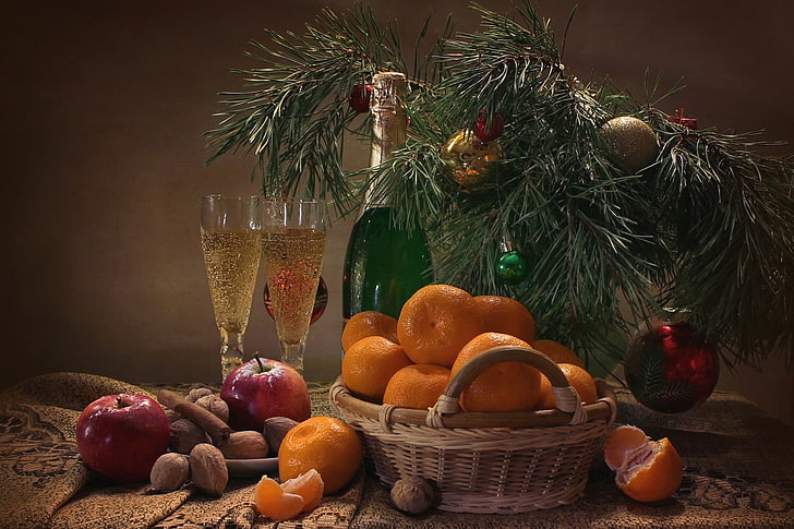 several fruits and liquor bottle, holiday, apples, glasses, nuts, still life, cinnamon, champagne, pine, tangerines, HD wallpaper