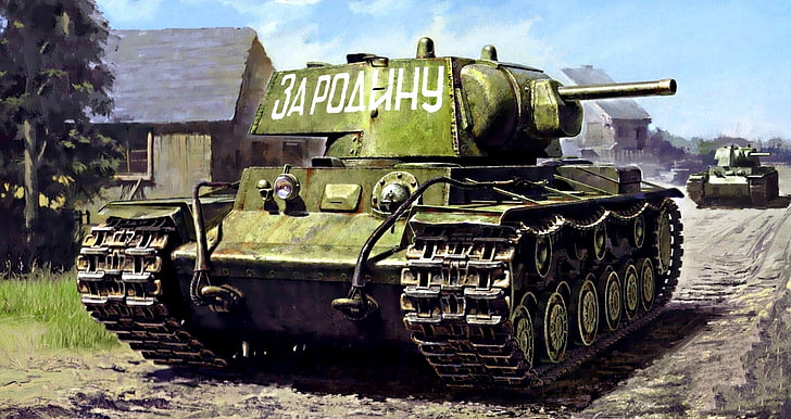 carro armato verde, strada, strada, figura, arte, sovietico, KV-1, carro pesante, seconda guerra mondiale, 