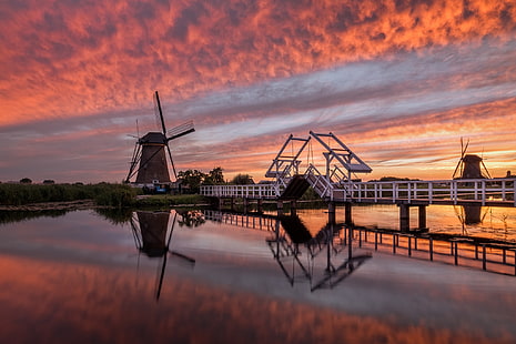 la sera, mulino, Paesi Bassi, Olanda, Kinderdijk, Sfondo HD HD wallpaper
