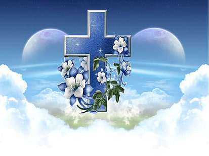 blue cross christianity cloud Cross flower god Jesus Christ religion HD, abstract, blue, flower, cloud, god, cross, religion, christianity, jesus christ, HD wallpaper HD wallpaper